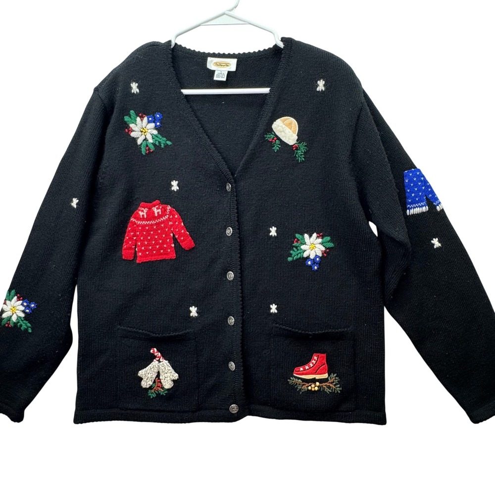 Talbots Cardigan Sweater Womens Large Black 100% Wool Embroidered Holiday VTG